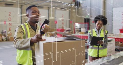 Warehouse workers sealing and inspecting boxes for fulfillment and conveyor logistics