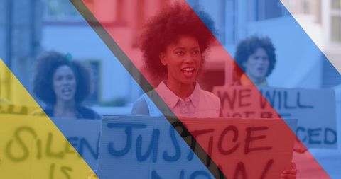 Diverse Protesters Advocating for Justice Amid Global Crisis Symbols