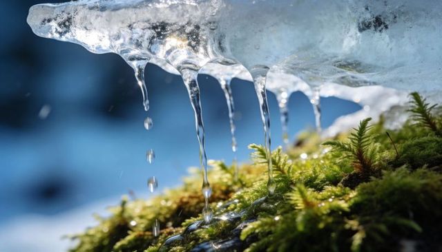 Sunlit macro icicles melting over moss-covered rock closeup spring thaw dripping water
