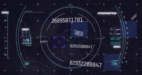 Displaying futuristic hud reticle, radial data rings, numeric readouts and overlay panels