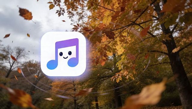 Glowing music app icon swirling in falling autumn leaves over woodland with motion rings