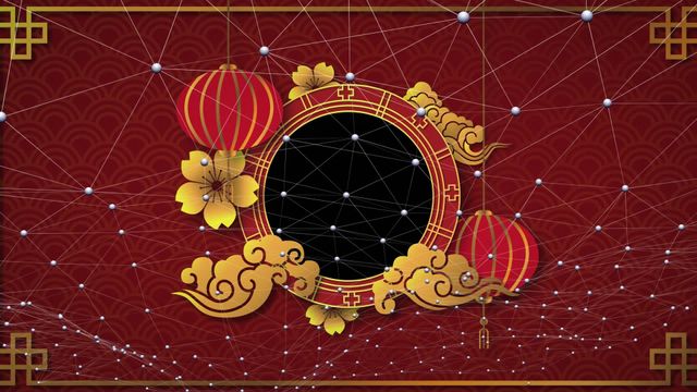 Chinese-themed video featuring intricate traditional elements like lanterns, flowers, and a central circular frame overlaid with a network of connected particles. The elegant red background adds to a festive ambiance, making it ideal for projects involving cultural representations, celebrations, digital technology themes, or social media graphics with an Asian motif.