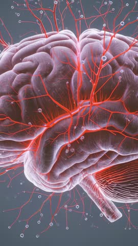 Rotating 3D Brain Revealing Glowing Red Vessels and Floating Markers Vertical Medical Clip