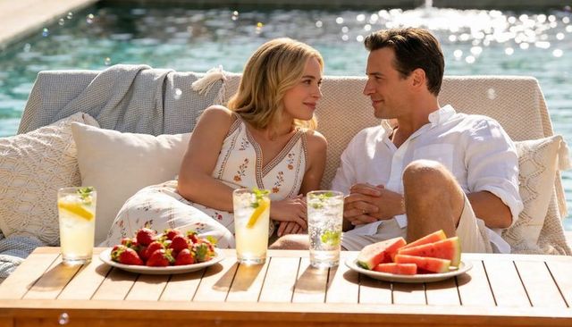 Couple relaxing poolside on sunny patio with fresh fruit and lemonade