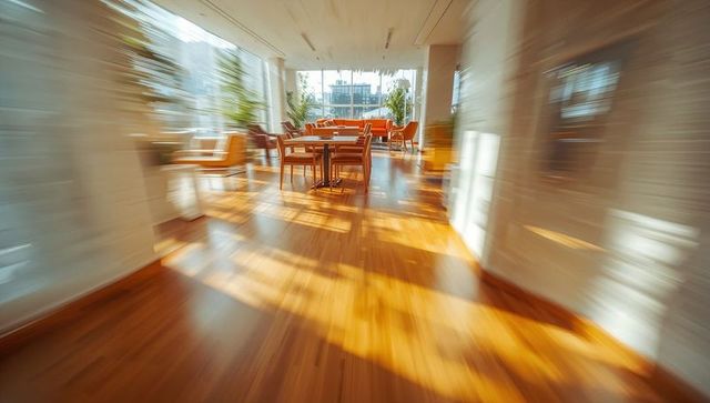 Sunlit modern cafe lounge with wooden dining table and orange chairs, motion blur