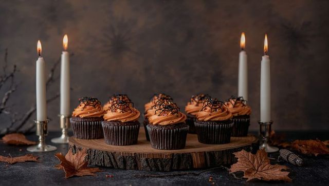 Gourmet Pumpkin Spice Cupcakes with Halloween Candlelight Ambiance