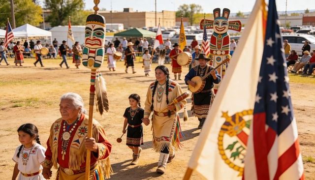 Native american families marching in beaded regalia at powwow with drums, totem and flags