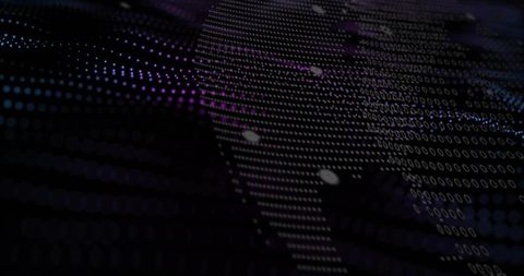 Abstract dot-matrix world map showing binary code in neon blue and purple data grid