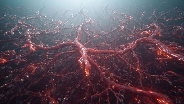Glowing vascular network spreading through hazy fluid with glossy red branches