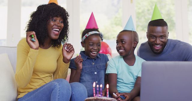 Joyful Family Celebrating Birthday at Home on Video Call - Download Free Stock Images Pikwizard.com