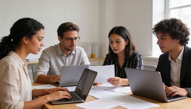 Young professionals collaborating around conference table with laptops and printed reports