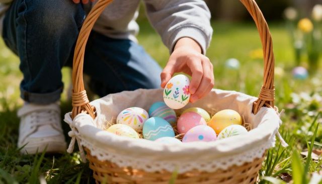 Child collecting pastel easter eggs in lace-lined wicker basket during spring egg hunt