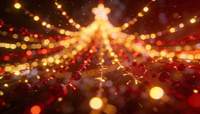 Converging golden bokeh holiday lights with red bead garland and star topper glowing