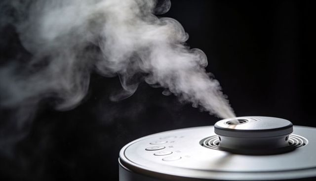 Modern ultrasonic humidifier releasing white mist for home wellness, minimal decor, office