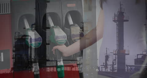Petrol Station Scene with Industrial Overlay Symbolizing Global Energy