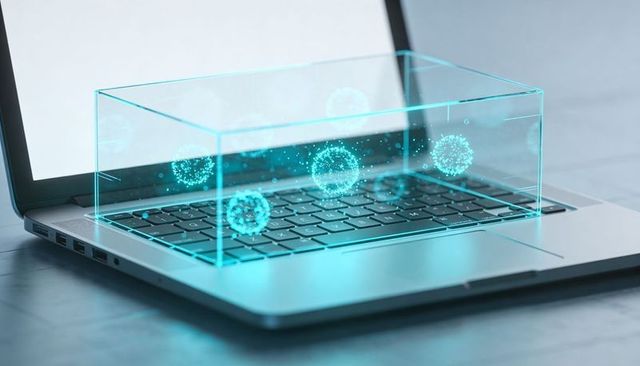 Holographic cyber threat visualization projecting virus particles above laptop keyboard