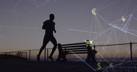 Silhouette of Runner with Digital Connectivity Concept at Sunset