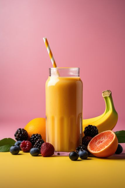 Fruit smoothie and fruit on pink background, created using generative ai technology. Fruit smoothie, food and drink, healthy eating concept digitally generated image.