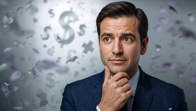 Executive contemplating financial decisions with floating dollar signs and symbols