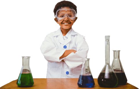 Young scientist smiling amidst chemical beakers transparent background