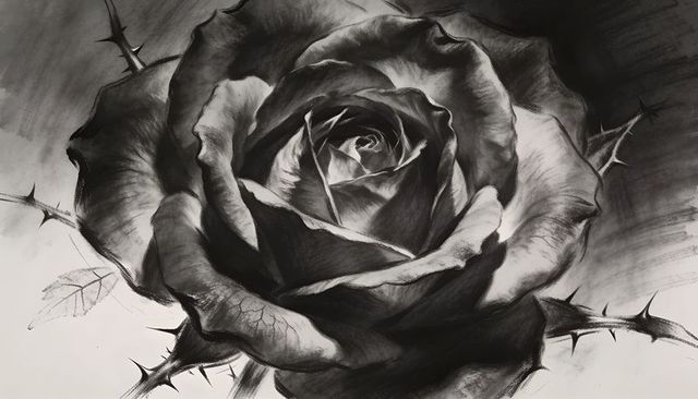 Dramatic charcoal rose closeup with thorned stems, textured petals and dark shadows