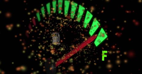 Glowing fuel gauge with neon green segments and red needle pointing to F with particles