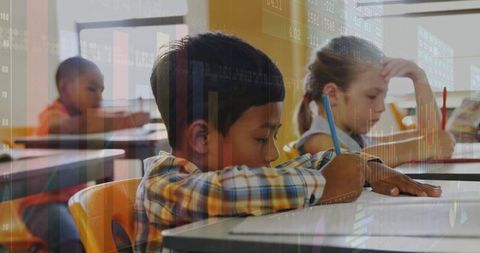 Children Analyzing Data in Bright Classroom with Chart Overlay