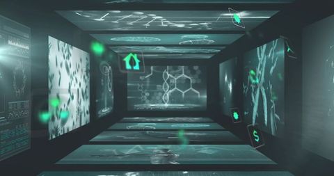 Futuristic lab corridor showing holographic dna helix, floating data panels and neon ui