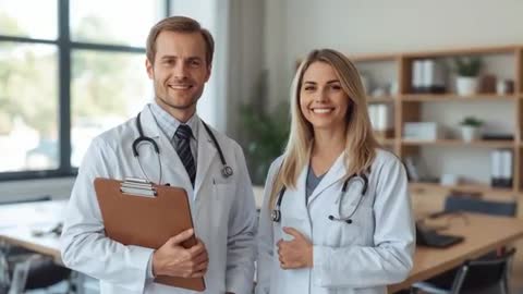 Doctors posing in clinic with clipboard and stethoscopes, smiling and showing teamwork