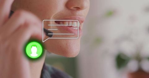 Friendly customer support agent speaking on headset with chat overlay and green call icon