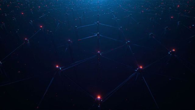 Floating digital network mesh with glowing nodes and connectors