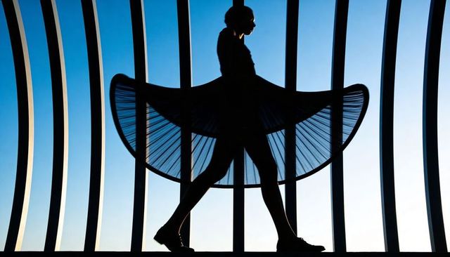 Silhouetted woman striding across arched bridge, pleated skirt fanning against blue gradient sky