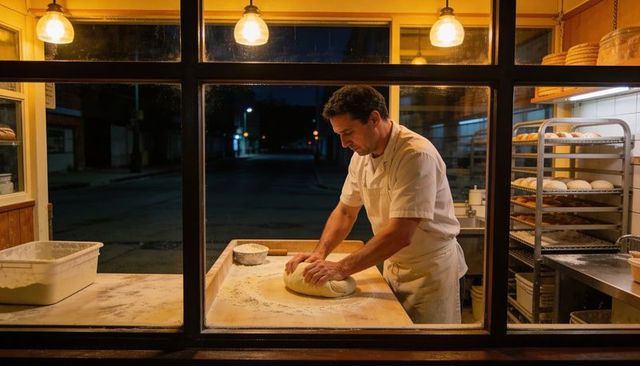 Kneading baker working late in warmly lit storefront window with dough and racks