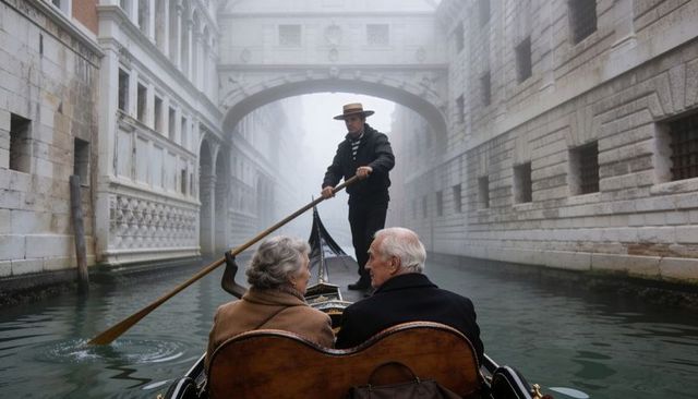 Elderly couple enjoying romantic gondola ride under misty bridge of sighs in venice