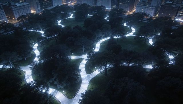 Glowing winding walkways snaking through urban park at night with serpentine light trails