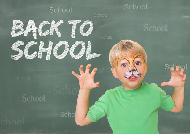 Young boy with playful tiger face paint stands in front of a chalkboard with 'Back to School' text. Ideal for promoting school activities, educational programs, and back-to-school events. Perfect for use in advertisements, educational articles, and marketing materials emphasizing fun and creativity in the learning environment.
