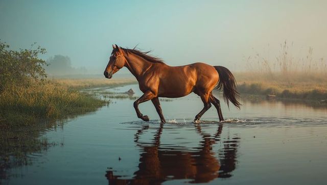 Brown Horse Walking Through Shallow Water in Misty Sunrise