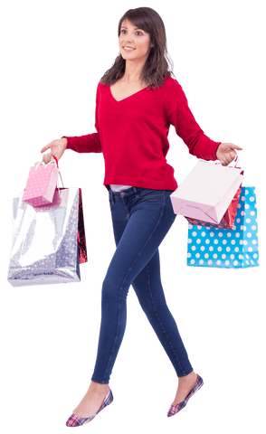 Cheerful Brunette in Red Sweater with Shopping Bags on Transparent Background