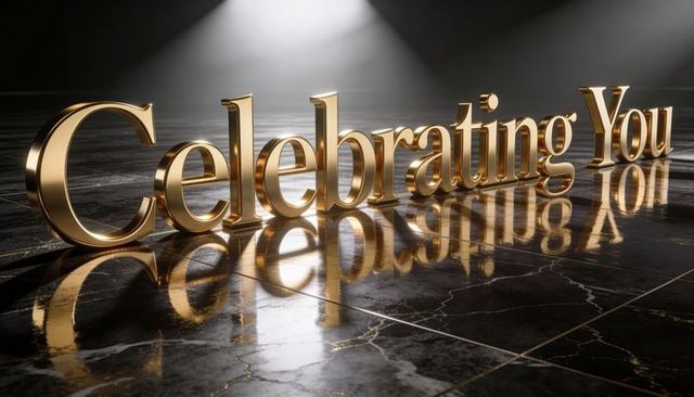Celebrating you gold 3d typography on reflective marble floor under dramatic spotlights