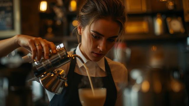 Barista pouring steamed milk crafting creamy latte with precision under moody cafe lighting