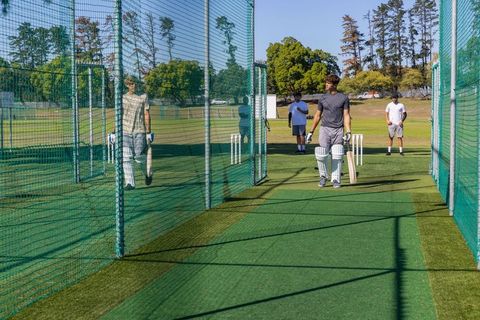 Young cricketers practicing batting in outdoor nets on green artificial turf under sunny sky