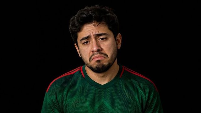 Hispanic man wearing green soccer jersey showing sadness and disappointment closeup