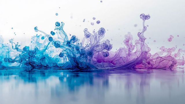 Cyan and Magenta Ink Plumes Rising and Curling Over Reflective Surface, Fluid Motion