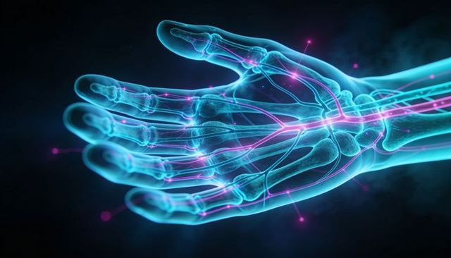 Translucent glowing hand revealing skeletal bones and magenta neural pathways in cyan