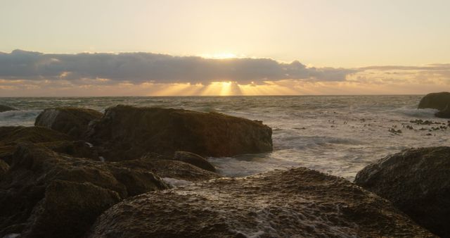 Sunset casts a warm glow over the rocky shoreline, with copy space - Download Free Stock Photos Pikwizard.com