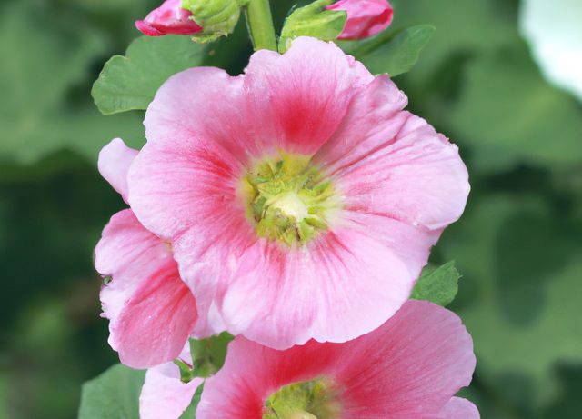 Beautiful close-up shot of pink Hollyhock flowers blooming. This image can be used for garden-themed websites, floral arrangements, nature blogs, or botanical studies. The vibrant colors and detailed petals make it perfect for any content related to gardening and botany.