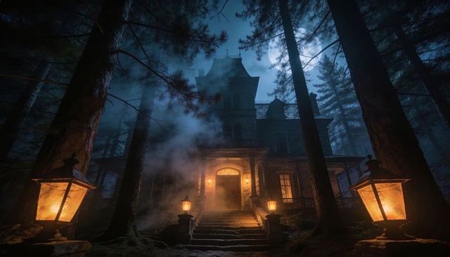 Moonlit victorian mansion glowing through fog in dense pine forest with lantern-lit steps