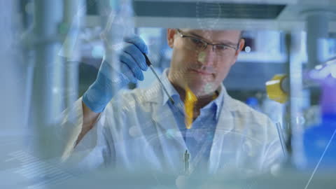 Scientist in Laboratory Analyzing Data with DNA Concept Overlay