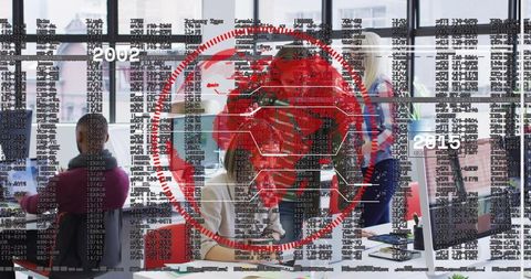 Collaborative cybersecurity briefing showing red digital globe and code overlay over coworking team