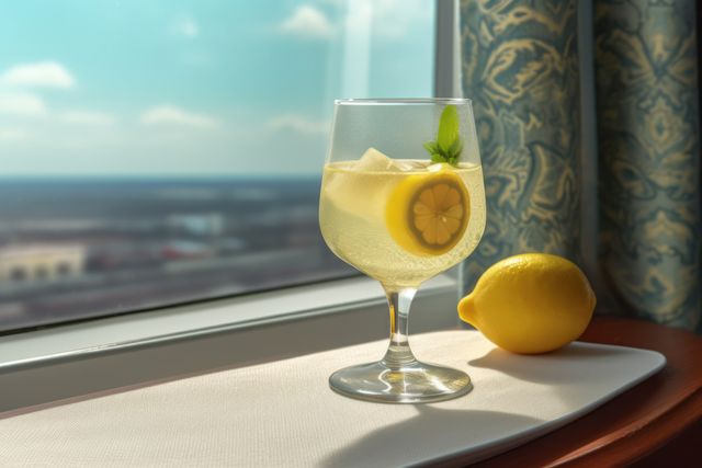 Close up of glass of lemon juice on windowsill, created using generative ai technology. Juice, drink and refreshment concept digitally generated image.